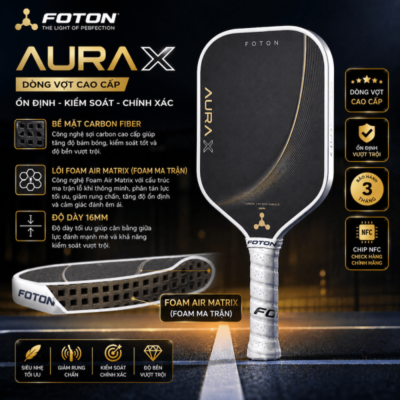 Vợt Pickleball FOTON Aura X Carbon Fiber Lõi Foam Air Matrix 16mm 