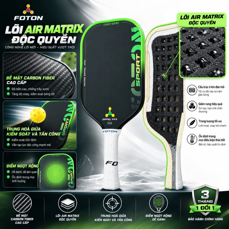 Vợt Pickleball FOTON Eiffel FPX 16mm Carbon Fiber – Lõi Foam Air Matrix, Chip NFC Chính Hãng 