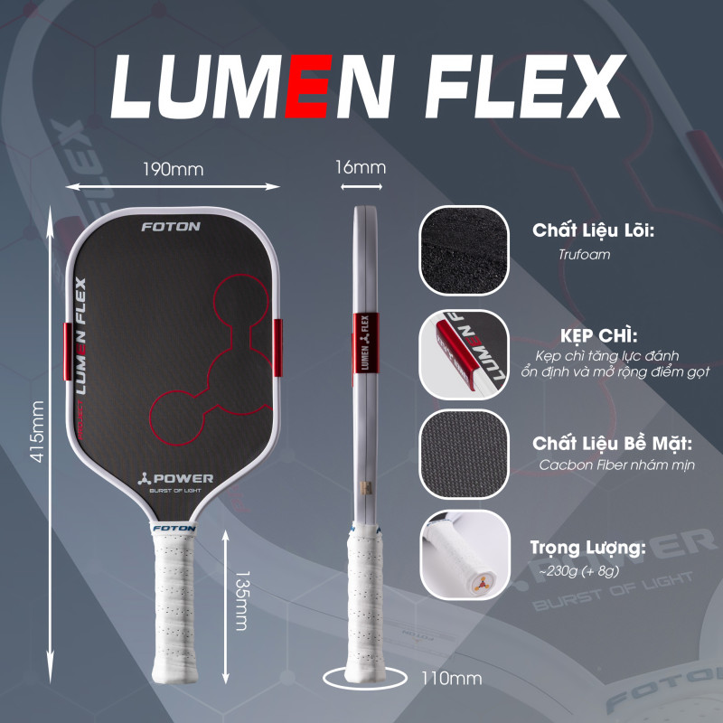 Vợt Pickleball Foton Lumen Flex – Carbon Fiber • TruFoam • Kẹp Chì Tuỳ Chỉnh 
