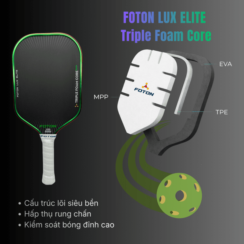 Vợt Pickleball Foton Lux Elite – Carbon Toray, Lõi 3 Lớp, Vợt Cao Cấp Giảm Rung, Tăng Sức Mạnh 