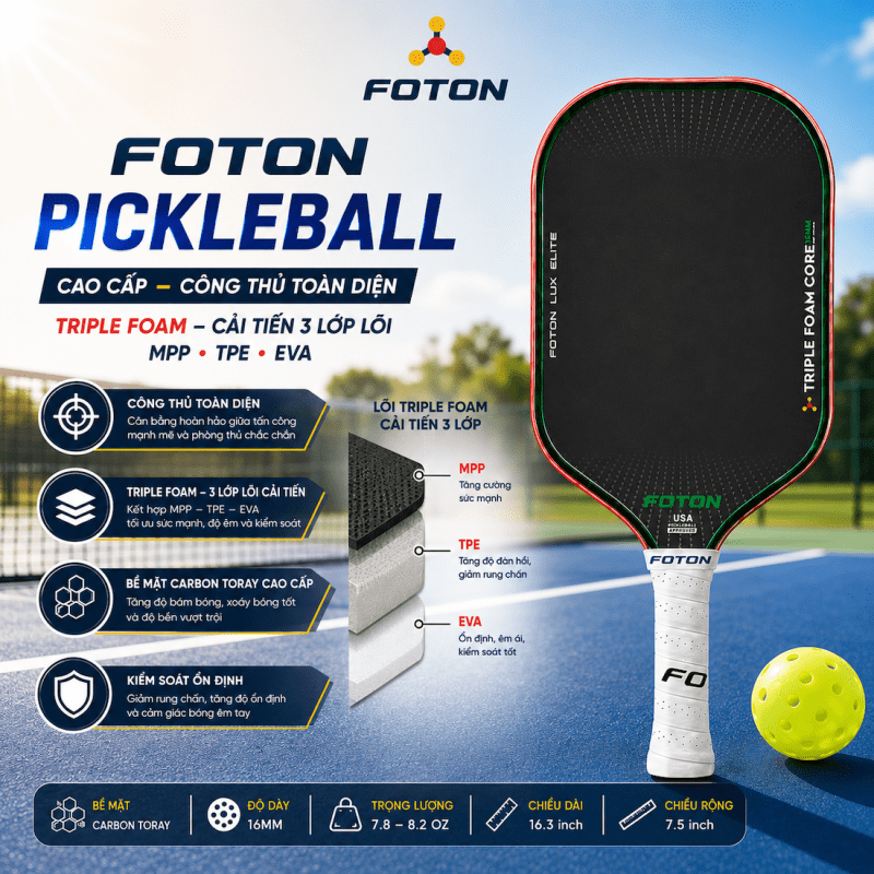 Vợt Pickleball Foton Lux Elite – Carbon Toray, Lõi 3 Lớp, Vợt Cao Cấp Giảm Rung, Tăng Sức Mạnh 