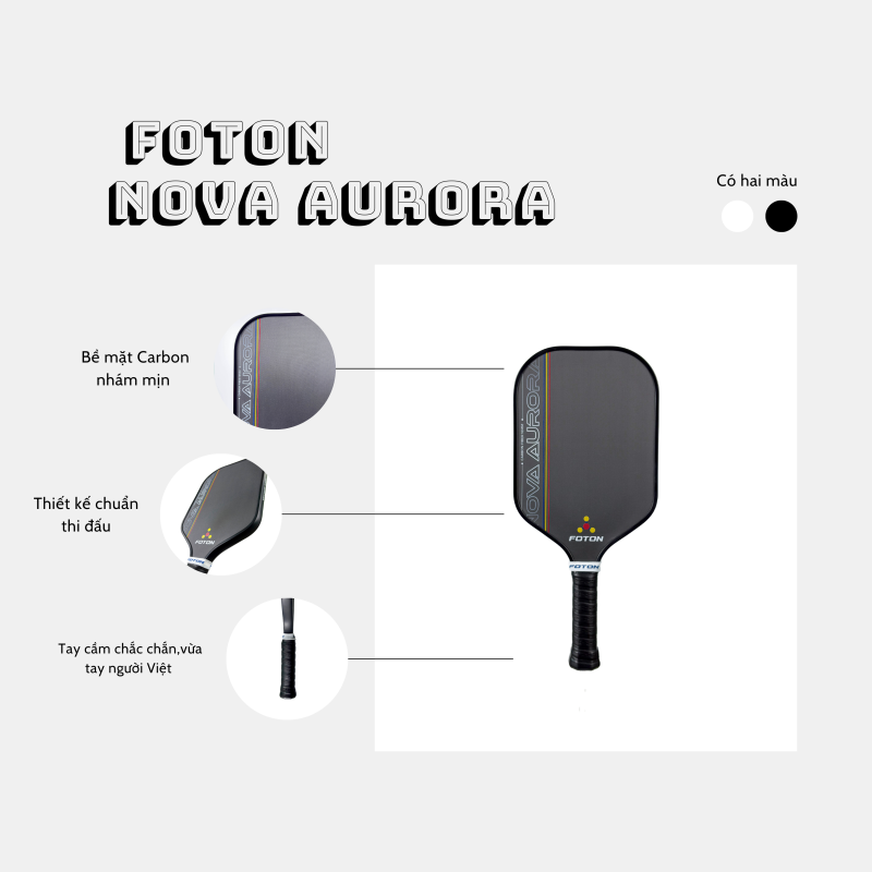 Vợt Pickleball FOTON Nova Aurora Carbon Nhám Mịn TruFoam 16mm – Kiểm Soát Ổn Định 