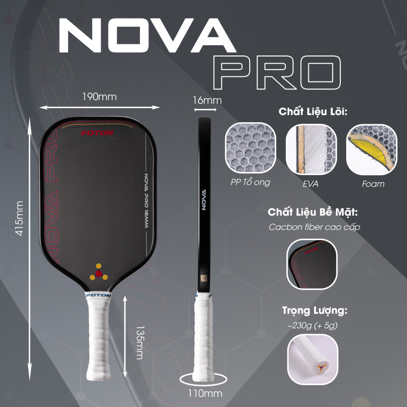 Vợt Pickleball Foton Nova Pro Carbon Fiber 16mm – Dành Cho Người Chơi Thi Đấu Chuyên Nghiệp 